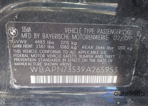 2009 BMW 335D из США, поврежденный, VIN WBAPN73539A265953